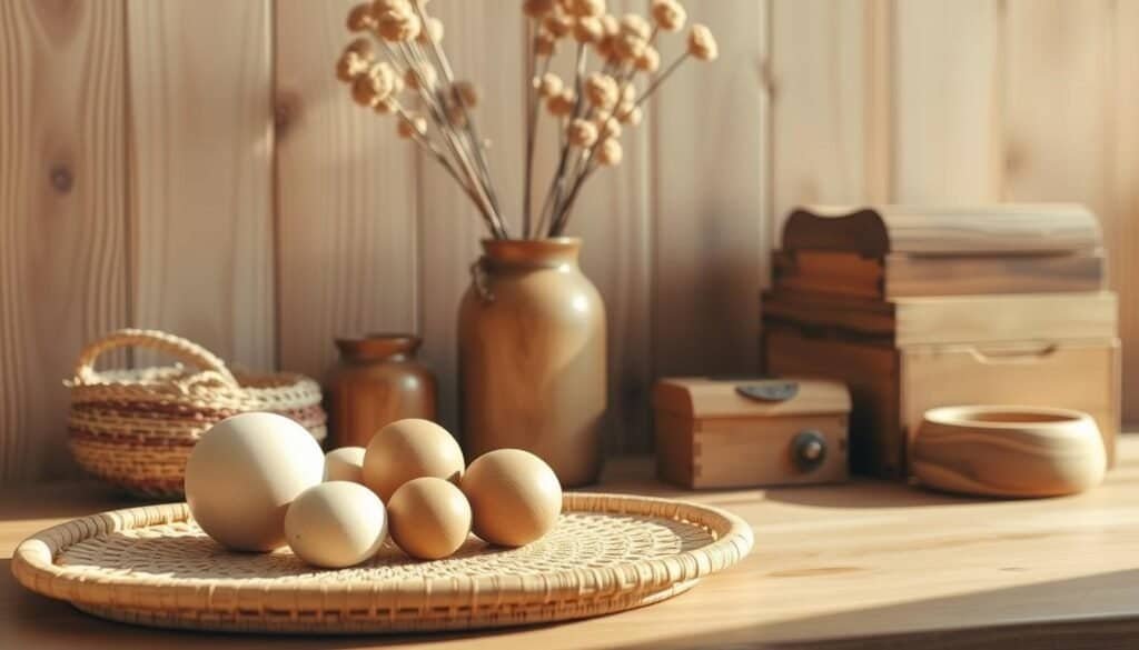 A cozy and inviting arrangement of artisanal wooden decor items, bathed in warm, natural lighting. In the foreground, a delicate wooden tray with a tactile woven pattern, holding an assortment of smooth, rounded decorative objects. In the middle ground, a rustic wooden vase filled with dried floral stems, complemented by a stack of neatly arranged wooden boxes in varying shapes and sizes. The background features a neutral-toned wooden wall, its grain and texture adding depth and character to the scene. The overall atmosphere is one of gentle, earthy elegance, inviting the viewer to reach out and experience the satisfying tactile qualities of the handcrafted wooden pieces.