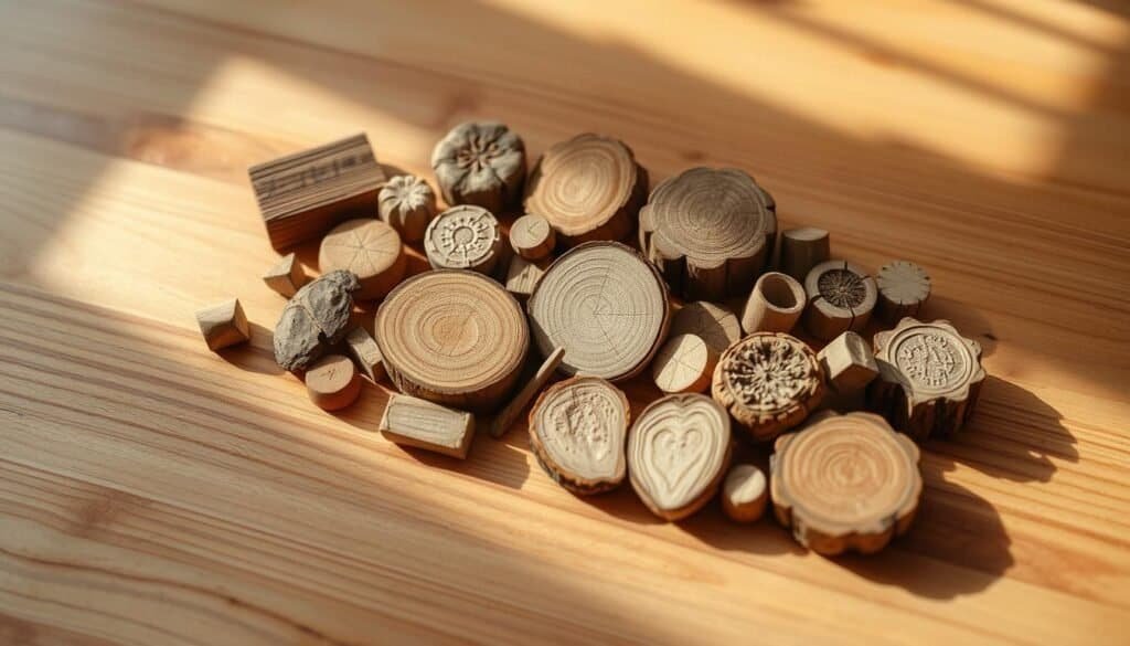 A cozy and inviting arrangement of small, rustic wooden accents resting on a natural wood surface. Warm, soft lighting casts gentle shadows, highlighting the organic grain and textures of the wood pieces. A mix of rectangular, round, and irregular shapes create visual interest, while a neutral color palette of browns, tans, and grays evokes a sense of tranquility. The wooden elements are thoughtfully placed, creating a harmonious, artful display that would effortlessly complement a serene bedroom environment.