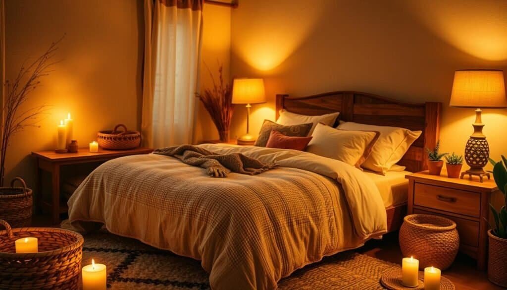 A cozy and inviting bedroom bathed in warm, ambient lighting. Soft, textured bedding in neutral tones - a plush comforter, flannel sheets, and an assortment of throw pillows. Intricate wood furniture, like a low, rustic headboard and nightstands with subtle, natural grains. Flickering candlelight and a table lamp with a linen shade cast a gentle, golden glow. The room is accented with natural textures, such as woven baskets, a plush area rug, and potted plants. The overall atmosphere is one of tranquility and relaxation, inviting the viewer to unwind and reset in this serene, cozy space.