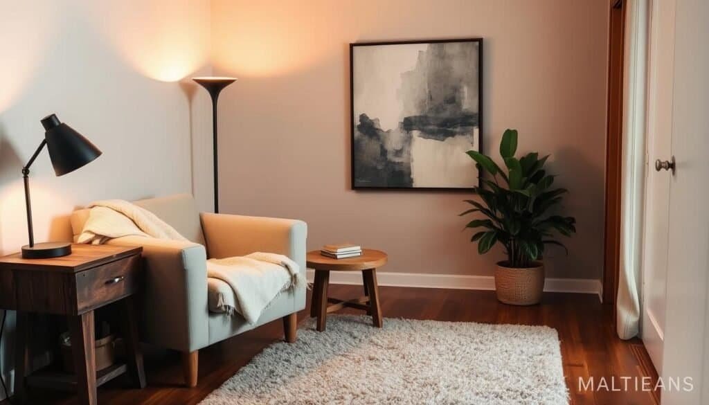 A cozy and inviting bedroom corner with a plush armchair, soft throw blanket, and a rustic wooden side table. Warm, ambient lighting from a floor lamp casts a comforting glow, creating a tranquil atmosphere. A large, framed piece of abstract art hangs on the wall, adding a touch of elegance. The hardwood floors are layered with a plush, neutral-toned area rug. A potted plant in the corner adds a refreshing natural element. The overall aesthetic is a harmonious blend of modern and traditional styles, exuding a sense of relaxation and comfort.