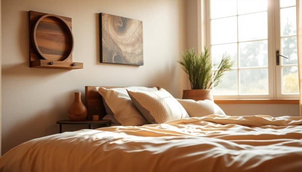 A cozy and inviting bedroom retreat, bathed in warm, natural light. In the foreground, a neatly curated collection of rustic, reclaimed wood decor pieces - a wall-mounted shelf, a decorative wooden tray, and a thoughtfully placed wooden vase. The middle ground showcases a plush, cream-colored bedspread, complemented by textured, neutral-toned throw pillows. In the background, a large window allows the soft, diffused sunlight to pour in, casting a gentle glow over the entire space. The overall atmosphere exudes a sense of calm, comfort, and a connection to the natural world.