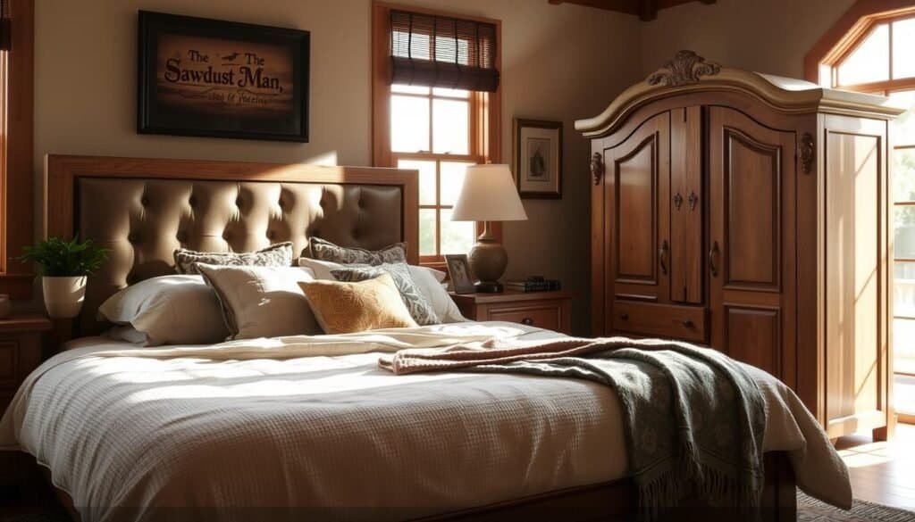 A cozy and inviting bedroom retreat, bathed in warm natural lighting. Handcrafted wood furnishings from "The Sawdust Man" take center stage - a plush, tufted headboard, a rustic nightstand, and an ornate armoire. Textured linens, plush pillows, and a cozy throw create a serene ambiance. The scene is complemented by a potted plant, a framed piece of artwork, and subtle, soft lighting. The overall atmosphere is one of relaxation, comfort, and a thoughtful attention to detail.
