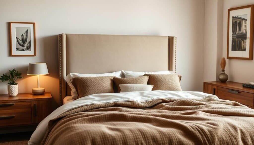 A cozy and inviting bedroom scene, with a plush upholstered headboard in a soft neutral tone, framed by warm wooden bedside tables and a dresser. Lush, textured bedding in earthy tones and patterns creates a welcoming, nest-like atmosphere. Soft, diffused lighting from a pair of minimalist table lamps casts a gentle glow, while a large window allows natural light to filter in, illuminating the space. On the walls, hanging artwork in natural frames adds a touch of refined elegance. The overall impression is one of refined comfort and relaxation, an oasis of tranquility.