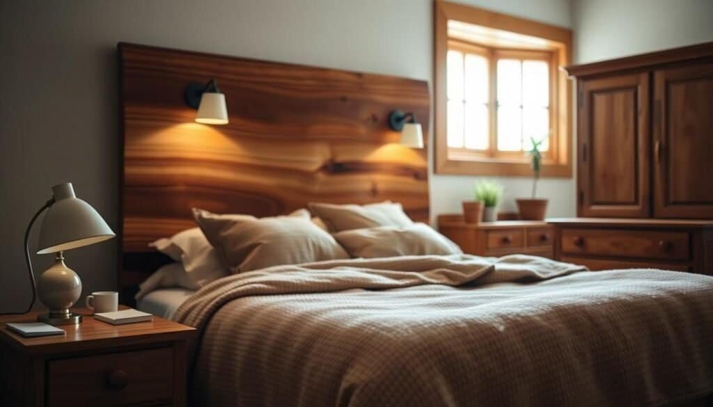 A cozy and inviting bedroom scene with natural wood accents. A large, rustic wooden headboard frames the bed, its warm tones contrasting with the plush, textured bedding. Soft, diffused lighting from a pair of sconces on the headboard casts a gentle glow, creating a relaxing atmosphere. In the foreground, a wooden nightstand holds a reading lamp and a few personal items. The middle ground features a wooden dresser or armoire, its drawers and doors suggesting hidden storage. The background reveals a window with wooden trim, letting in just enough natural light to complement the artificial illumination. Subtle, natural textures and hues throughout the room evoke a sense of coziness and comfort, hinting at how a touch of natural decor can transform a cold, uninviting bedroom into a warm, welcoming space.