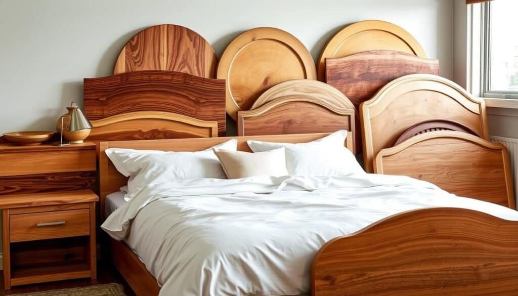 A cozy and inviting bedroom showcasing an assortment of beautifully crafted wooden headboards. Warm, natural wood textures in a variety of tones and grains create a rustic, yet elegant ambiance. Smooth, polished surfaces reflect the soft, diffused lighting, highlighting the intricate details and craftsmanship of each piece. The headboards are arranged in a visually appealing layout, capturing the charm and timeless appeal of natural wood in home decor. The scene exudes a sense of comfort and sophistication, perfectly suited for the "Charm of Wooden Headboards in Bedroom Design." A cozy and inviting bedroom showcasing an assortment of beautifully crafted wooden headboards. Warm, natural wood textures in a variety of tones and grains create a rustic, yet elegant ambiance. Smooth, polished surfaces reflect the soft, diffused lighting, highlighting the intricate details and craftsmanship of each piece. The headboards are arranged in a visually appealing layout, capturing the charm and timeless appeal of natural wood in home decor. The scene exudes a sense of comfort and sophistication, perfectly suited for the "Charm of Wooden Headboards in Bedroom Design."