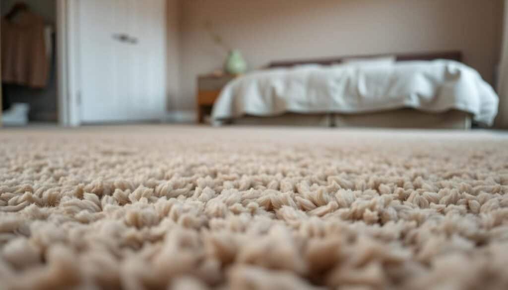 A cozy and inviting bedroom with a plush, soft carpet covering the floor. The carpet has a muted, earthy tone with subtle variations in color, creating a warm and natural aesthetic. The lighting is soft and diffused, casting a gentle glow that enhances the comforting atmosphere. In the foreground, the carpet appears lush and inviting, beckoning the viewer to sink their toes into its luxurious pile. In the middle ground, the room's furniture, such as a bed and nightstand, are visible, adding to the overall sense of comfort and relaxation. The background features a neutral-colored wall, allowing the focus to remain on the captivating carpet design and the cozy bedroom setting.