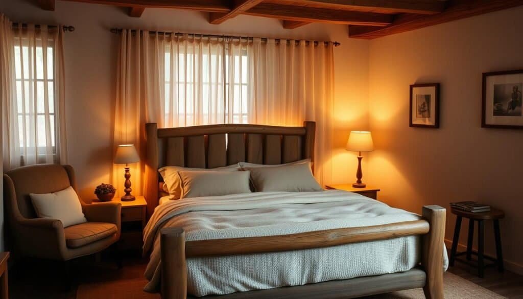 A cozy and inviting bedroom with a rustic charm. A wooden bed frame takes center stage, adorned with soft, plush bedding in neutral tones. Complementing the bed, a pair of wooden nightstands flank the frame, each topped with a simple, minimalist lamp. In the corner, a comfortable armchair sits next to a small side table, creating a cozy reading nook. Warm, indirect lighting filters through sheer curtains, casting a gentle glow throughout the space. The walls feature simple, framed wall art, adding touches of warmth and personality. The overall atmosphere is one of relaxation and thoughtful, understated elegance.