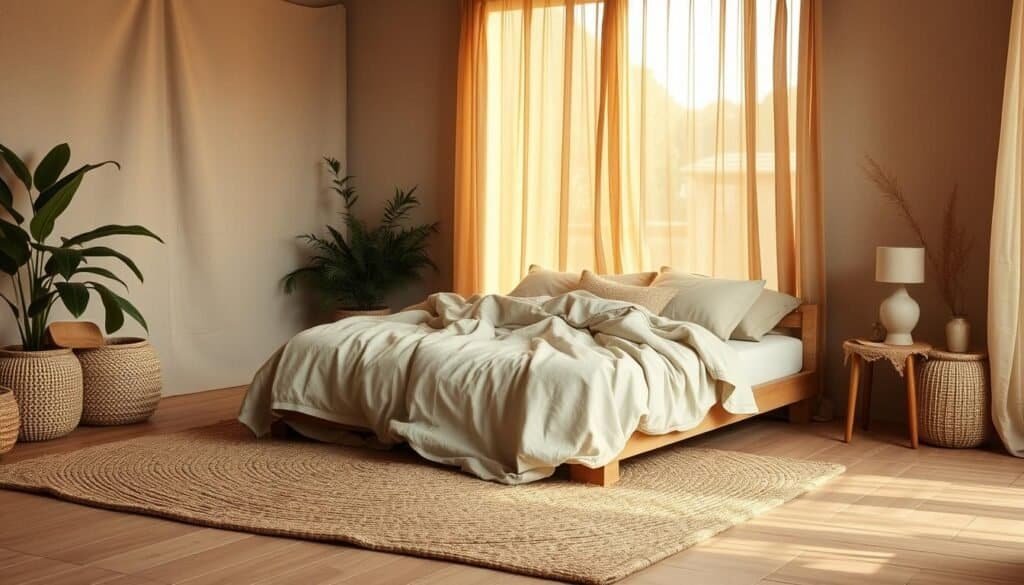 A cozy and inviting bedroom with a warm, earthy aesthetic. Soft, natural textures like linen, rattan, and wood dominate the space, creating a soothing and grounded ambiance. A large, plush area rug grounds the room, while a low platform bed is adorned with rumpled bedding in muted tones. Potted plants and a small side table with a simple ceramic lamp add organic elements. Diffused, golden-hued lighting filters through gauzy curtains, casting a gentle glow throughout the scene. The overall impression is one of simplicity, comfort, and a harmonious connection to nature.