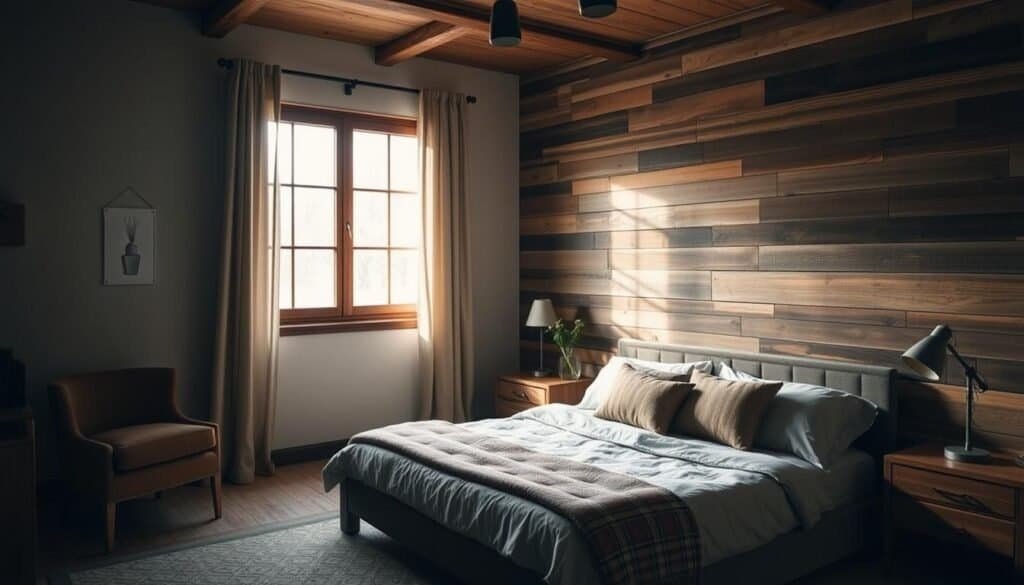 A cozy and inviting bedroom with a warm, rustic wood wall accent. Muted lighting filters through the window, casting a soft, natural glow across the space. The wood planks are arranged in a horizontal pattern, their varied grains and tones creating a visually interesting texture. The room's furnishings - a plush bed, nightstands, and a small sitting area - are complemented by the earthy tones and organic feel of the wooden wall. An overall sense of tranquility and comfort pervades the scene, making it an ideal retreat from the outside world. A cozy and inviting bedroom with a warm, rustic wood wall accent. Muted lighting filters through the window, casting a soft, natural glow across the space. The wood planks are arranged in a horizontal pattern, their varied grains and tones creating a visually interesting texture. The room's furnishings - a plush bed, nightstands, and a small sitting area - are complemented by the earthy tones and organic feel of the wooden wall. An overall sense of tranquility and comfort pervades the scene, making it an ideal retreat from the outside world.