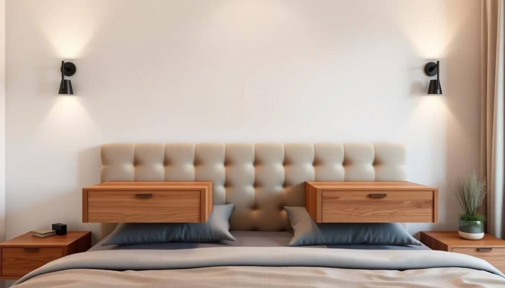 A cozy and inviting bedroom with two floating nightstands made of warm, natural wood, elegantly suspended on the wall. The nightstands feature subtle, minimalist designs that blend seamlessly with the room's modern farmhouse style. Soft, ambient lighting from a pair of minimalist wall sconces casts a gentle glow, creating a serene and tranquil atmosphere. The nightstands are strategically placed on either side of a plush, tufted headboard, complementing the overall bedroom decor. The scene is captured in a high-resolution, realistic rendering, showcasing the visual harmony between the floating nightstands and the surrounding bedroom environment.