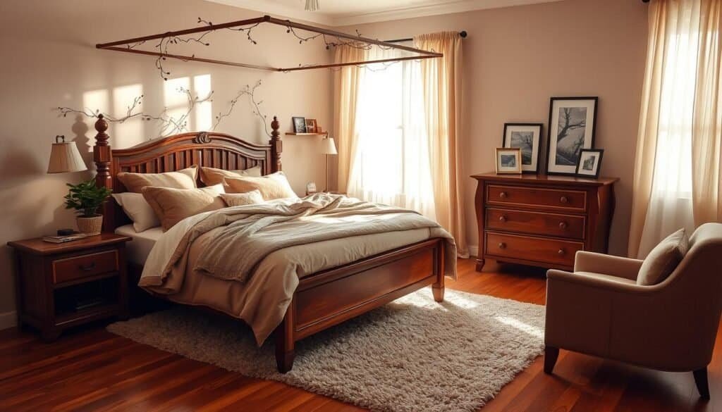 A cozy and inviting bedroom with warm, muted tones. Soft, plush bedding in earthy hues covers a wooden four-poster bed, its frame accentuated by delicate trailing vines. Sunlight filters gently through sheer curtains, casting a gentle glow on the space. On the nightstand, a potted plant and a soft reading light create a calming ambiance. The hardwood floors are covered by a plush area rug, and a wooden dresser stands against the wall, its surface adorned with framed nature photography. An armchair in a complementary fabric sits in the corner, inviting relaxation. The overall atmosphere is one of tranquility and comfort, promoting a serene and rejuvenating start to the day. A cozy and inviting bedroom with warm, muted tones. Soft, plush bedding in earthy hues covers a wooden four-poster bed, its frame accentuated by delicate trailing vines. Sunlight filters gently through sheer curtains, casting a gentle glow on the space. On the nightstand, a potted plant and a soft reading light create a calming ambiance. The hardwood floors are covered by a plush area rug, and a wooden dresser stands against the wall, its surface adorned with framed nature photography. An armchair in a complementary fabric sits in the corner, inviting relaxation. The overall atmosphere is one of tranquility and comfort, promoting a serene and rejuvenating start to the day.
