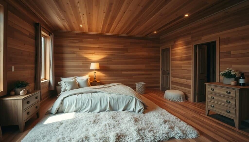 A cozy and inviting bedroom with warm, natural wood-paneled walls. The lighting is soft and ambient, creating a calming and relaxing atmosphere. The wood grain patterns add depth and character to the space, complementing the neutral-toned bedding and furniture. A large, plush area rug anchors the room, tying the earthy tones together. The overall feel is one of rustic elegance, where the natural beauty of the wood is the star of the show, creating a peaceful and tranquil retreat.