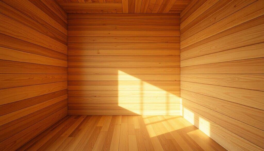 A cozy and inviting bedroom with warm, wooden walls that stretch from floor to ceiling. The natural wood grain patterns create a calming, earthy ambiance, accentuated by soft, diffused lighting that casts a gentle glow. The walls are comprised of smooth, horizontal wood panels that seamlessly blend together, giving the space a cohesive, harmonious feel. The lighting, positioned strategically, casts subtle shadows and highlights the unique textures and tones of the wood, adding depth and dimension to the overall scene. The resulting image should convey a sense of serenity, comfort, and a retreat from the outside world, perfectly complementing the article's focus on creating a peaceful, wooden-accented bedroom.