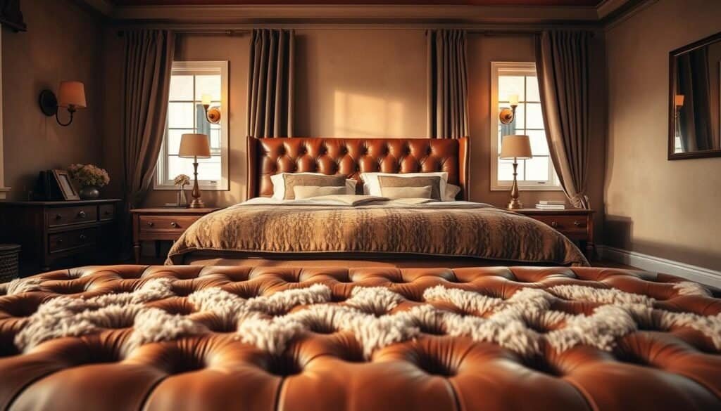 A cozy and inviting brown bedroom adorned with plush textiles and natural textures. In the foreground, a large, tufted brown leather headboard frames the scene, casting warm reflections across the smooth wooden nightstands on either side. The middle ground features a fluffy, neutral-toned area rug that grounds the space, complemented by rich brown linen curtains cascading from the windows. The background showcases earthy-toned walls, accentuated by the gentle glow of sconces and table lamps, creating a serene and calming ambiance. Captured through a wide-angle lens, this cozy and sophisticated bedroom exudes a sense of comfort and relaxation.