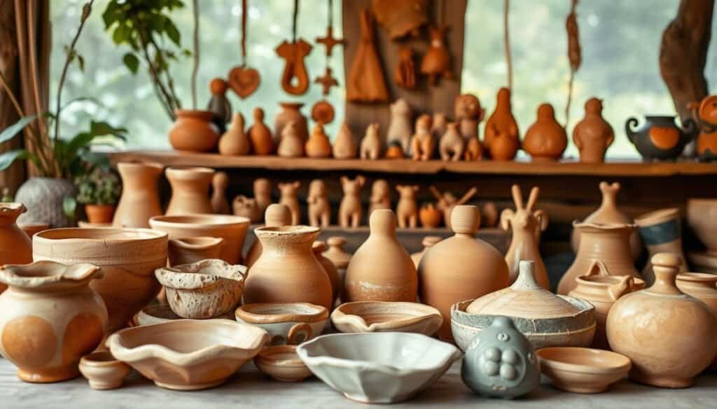 A cozy and inviting clay art display for home decor, featuring an assortment of handcrafted ceramic pieces in warm earthy tones. In the foreground, a collection of artfully sculpted bowls, vases, and trinket dishes, each with unique textural details and organic shapes. In the middle ground, a collection of small clay figurines, whimsical animal statuettes, and decorative wall hangings, all showcased on a rustic wooden shelf or table. The background features a softly lit, natural environment, with hints of greenery and natural wood accents, creating a soothing, family-friendly atmosphere. The overall scene conveys a sense of homemade charm, inviting the viewer to imagine creating their own meaningful clay art pieces for a cozy, personalized home decor.