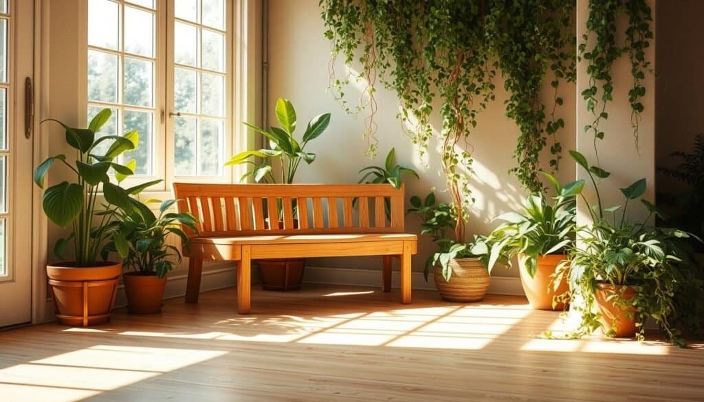 A cozy and inviting corner of a sunlit room, featuring a sturdy wooden bench nestled amidst lush potted plants and trailing vines. The natural light filters in through large windows, casting a warm glow on the scene. Smooth, polished wood grain and earthy tones create a harmonious blend with the verdant foliage. Soft textures and organic shapes evoke a sense of tranquility and rejuvenation. The arrangement radiates an invigorating energy, inspiring a feeling of renewed vigor and connection to the natural world.