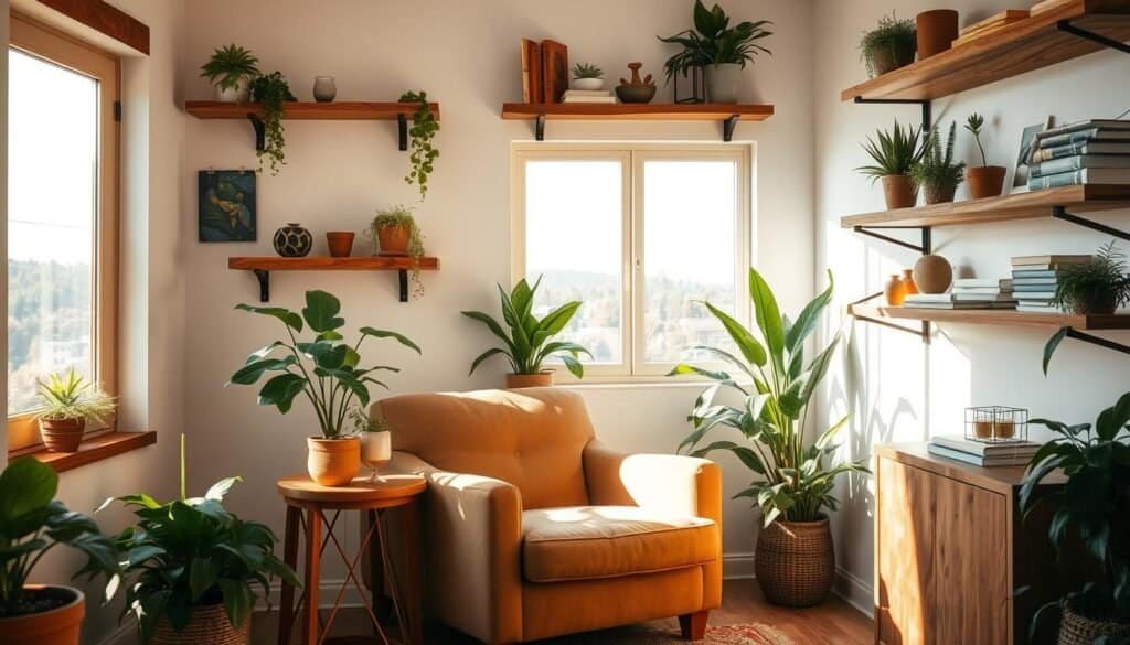 A cozy and inviting corner of a sunlit room, with natural wood accents and lush greenery. A plush, earthy-toned armchair nestled between a sturdy wooden side table and a potted plant, casting warm, soft light across the scene. Rustic wooden shelves adorning the walls, displaying a curated collection of plants, books, and decorative trinkets. The room is bathed in the gentle glow of a window, revealing a tranquil outdoor landscape beyond. An atmosphere of comfort, relaxation, and a harmonious blend of nature and craftsmanship.