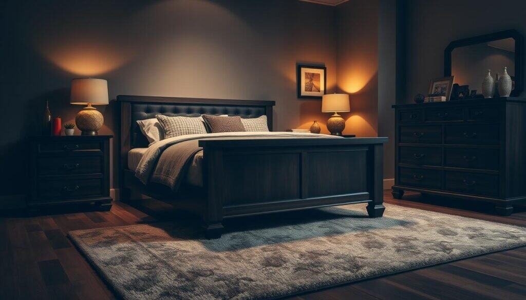 A cozy and inviting dark brown bedroom suite nestled in a warm, ambient setting. A sturdy, hand-crafted wooden bed frame with a plush, tufted headboard takes center stage, accompanied by matching nightstands and a dresser with intricate wood detailing. Soft, indirect lighting casts a gentle glow, creating a serene and tranquil atmosphere. The room is accented with textured throw pillows, a luxurious area rug, and carefully placed decorative elements that complement the rich, natural tones of the furniture. The overall composition exudes a sense of comfort and relaxation, perfect for a quiet retreat.