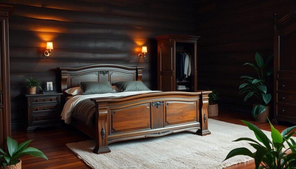 A cozy and inviting dark wooden bedroom with rich tones and natural textures. The centerpiece is a large, sturdy wooden bed frame with intricate carved details, complemented by matching nightstands. Soft lighting from a pair of brass wall sconces casts a warm, ambient glow across the room. In the background, a towering wooden armoire stands tall, its doors slightly ajar to reveal neatly organized clothing. The hardwood floor is covered by a plush, neutral-toned area rug, tying the room together. Lush, green plants add a touch of life and contrast to the earthy, rustic palette. The overall atmosphere is cozy, sophisticated, and inviting, perfect for a relaxing, elegant bedroom retreat.