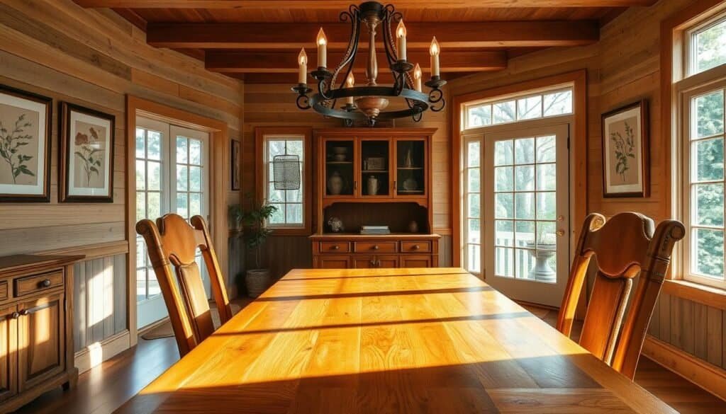 A cozy and inviting dining room filled with the timeless charm of natural wood. A warm, golden-hued hardwood table stands at the center, its smooth grain and imperfections creating a beautiful, rustic aesthetic. Flanking the table, a pair of elegant, high-backed wooden chairs with plush, upholstered seats offer comfortable seating. The walls are adorned with framed botanical prints, casting a soft, earthy ambiance. Overhead, a grand, wrought-iron chandelier with candle-like bulbs illuminates the space, casting a gentle glow and adding a touch of elegance. Large windows allow natural light to stream in, highlighting the rich tones and textures of the wood. The scene exudes a cozy, inviting atmosphere, where the beauty and enduring appeal of wood create a harmonious and timeless dining experience.