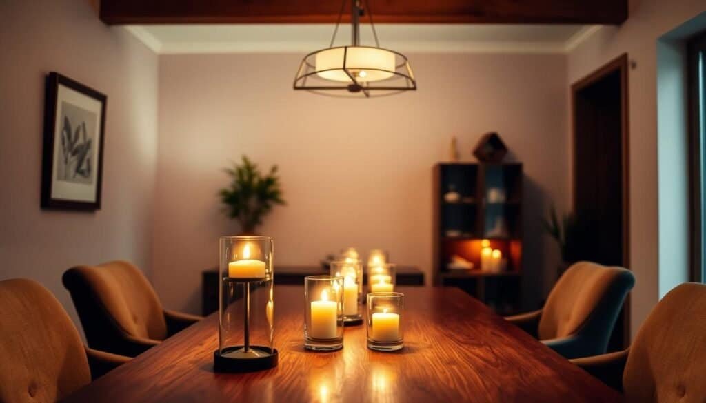 A cozy and inviting dining room with warm, flickering candlelight casting a soft glow across the table. Delicate glass hurricane lamps line the center, their gentle flames reflected in the polished wood surface. Overhead, a modern, minimalist chandelier emits a subtle, ambient light, creating a serene, intimate atmosphere. The walls are adorned with simple, natural-toned artwork, complementing the earthy, rustic tones of the space. Plush, neutral-colored chairs surround the table, inviting guests to linger and savor the meal. The scene evokes a sense of refined elegance and calm, perfect for setting the mood for a memorable dining experience.