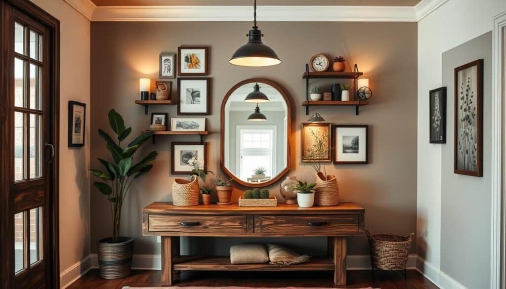 A cozy and inviting entryway showcasing a striking wall display. A rustic wooden console table serves as the centerpiece, adorned with a mix of natural elements such as potted plants, woven baskets, and a decorative mirror. The wall behind it features an artfully curated arrangement of framed artwork, decorative shelves, and subtle lighting fixtures that create a warm, welcoming ambiance. Soft lighting from sconces and a pendant lamp casts a gentle glow, accentuating the textures and tones of the natural materials. The overall composition exudes a sense of casual elegance, drawing the eye and offering a glimpse of the charming home beyond.