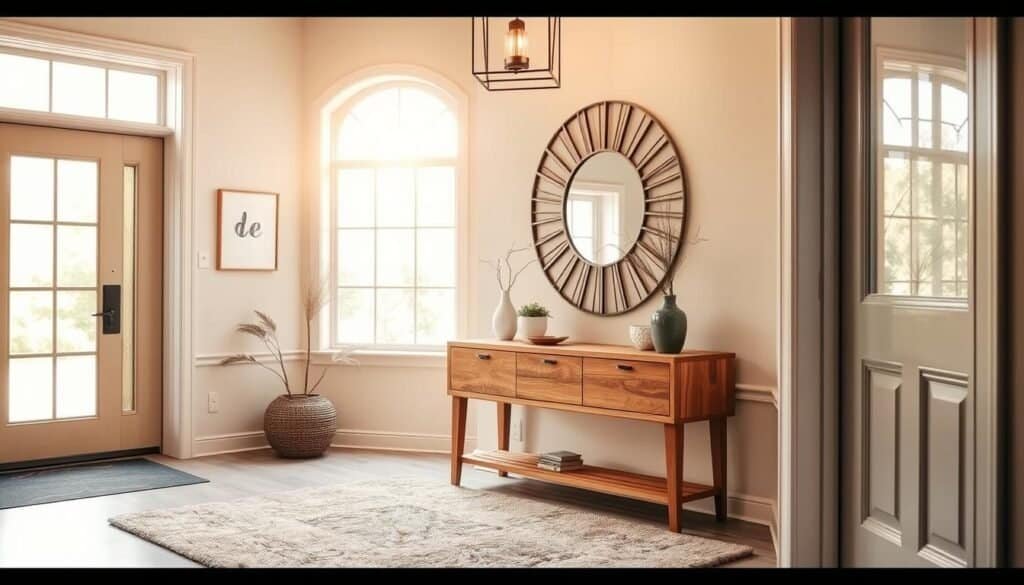 A cozy and inviting entryway with a natural wood console table, a large decorative mirror, and a plush area rug. Warm ambient lighting filters in through a sizable window, casting a soft glow on the space. Delicate potted plants and a few decorative objects add visual interest. The overall scene conveys a sense of welcoming sophistication, creating a pleasant first impression for visitors.