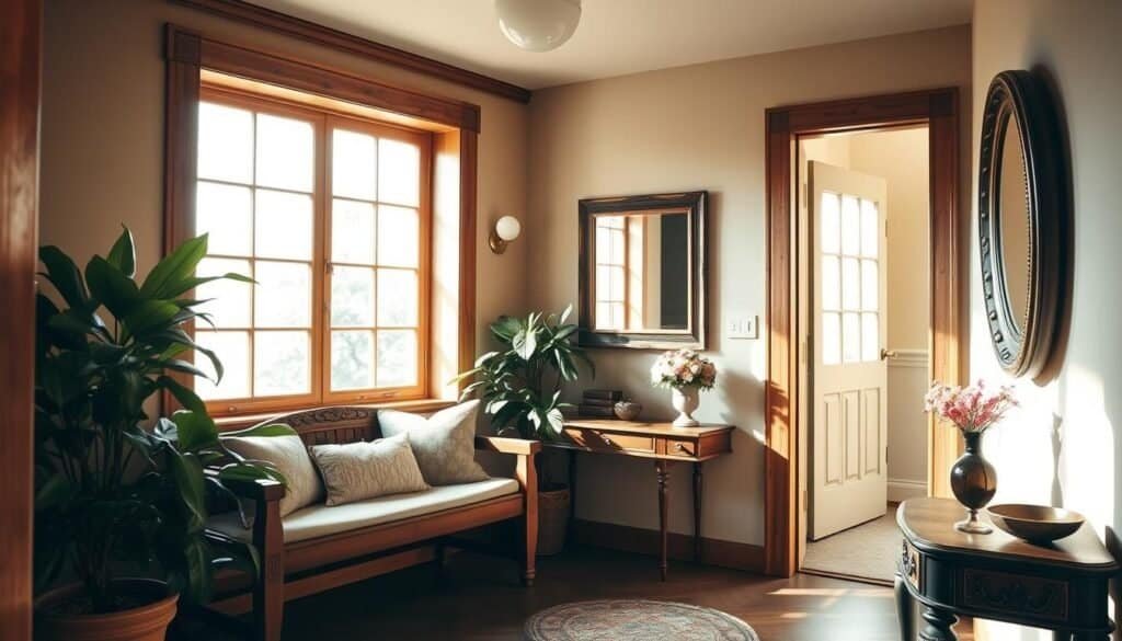 A cozy and inviting entryway with warm, natural lighting filtering through a large, airy window. The foyer features a sturdy, wooden bench with soft, plush cushions, offering a welcoming place to pause and unwind. Lush, potted plants in the corner add a touch of greenery, complementing the rustic wood tones. The wall displays a tasteful, framed mirror that reflects the space, creating a sense of depth and openness. Understated, decorative elements like a small vase of fresh flowers and a decorative bowl on an antique side table complete the serene, harmonious atmosphere, instilling a feeling of comfort and connection as one enters the home.
