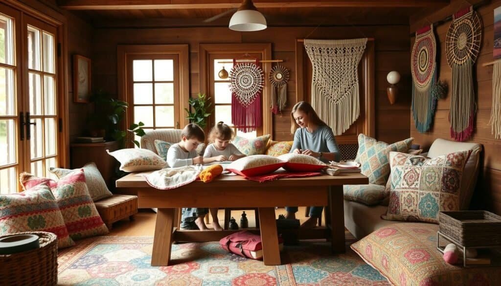 A cozy and inviting family craft room, with natural light streaming in through large windows. On a sturdy wooden table, an array of vibrant textile projects are laid out - colorful embroidered pillows, patchwork quilts, and hand-woven wall hangings. A young child sits engrossed, carefully stitching a delicate pattern, while an older sibling offers guidance. The room exudes a sense of warmth and togetherness, as family members collaborate to create personalized home decor pieces. Soft, diffused lighting accentuates the tactile textures of the fabrics, and the overall scene conveys a charming, homespun ambiance.