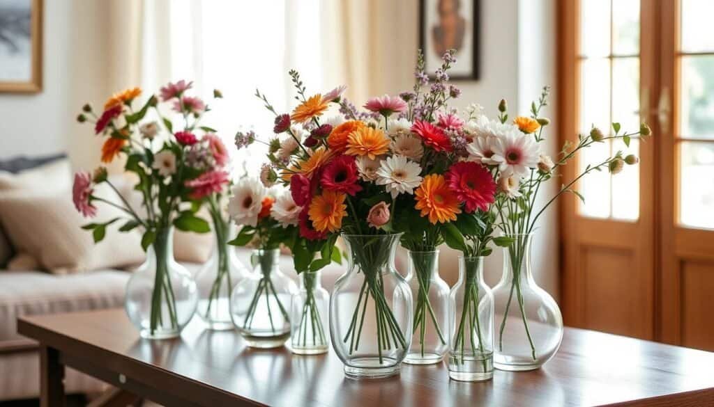 A cozy and inviting home decor scene featuring an array of elegant glass vases arranged on a warm wooden table. The vases are filled with a vibrant mix of freshly cut flowers, creating a lush and colorful centerpiece. Soft, natural lighting filters in through a nearby window, casting a gentle glow and highlighting the delicate textures of the vases and floral accents. The overall atmosphere is one of tranquility and effortless style, perfectly embodying the idea of "Quick Vase and Floral Arrangements as Instant Mood Lifters."