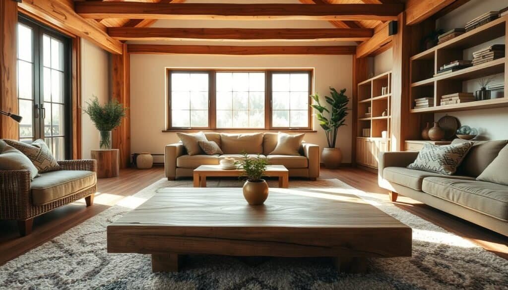 A cozy and inviting home interior showcasing the natural beauty of textured wood surfaces. A warm, sun-drenched living room with a focal point wooden coffee table, its smooth grain patterns complemented by a plush area rug and soft furnishings in earthy tones. Wooden beams and shelving units line the walls, casting gentle shadows and adding depth. Diffused lighting filters through large windows, illuminating the organic textures and creating a serene, harmonious atmosphere. The space exudes a sense of rustic elegance and mindful simplicity, reflecting the allure of natural materials in modern home design.