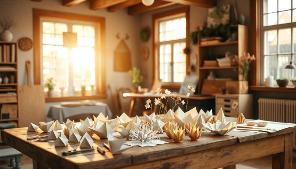 A cozy and inviting home studio setting, bathed in warm, natural light streaming through large windows. On a rustic wooden table, an array of delicate paper crafts take center stage - intricate origami shapes, delicate paper flowers, and tactile paper sculptures. Nearby, an array of craft supplies like scissors, glue, and colored papers hint at the creative process. The overall atmosphere evokes a sense of tranquility and family-centered creativity, perfect for an afternoon spent making simple, yet beautiful paper décor pieces together.