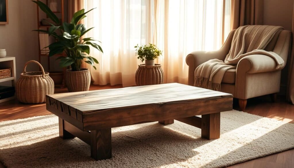 A cozy and inviting living room, bathed in warm natural light filtering through sheer curtains. The focal point is a rustic wooden coffee table, its weathered surface complemented by a plush area rug with a subtle, earthy pattern. Surrounding it, a harmonious arrangement of natural textures - a woven basket, a potted plant with lush foliage, and a soft, neutral-toned throw blanket draped over a comfortable armchair. The overall atmosphere exudes a sense of tranquility and relaxation, as if inviting the viewer to pause and savor the moment.