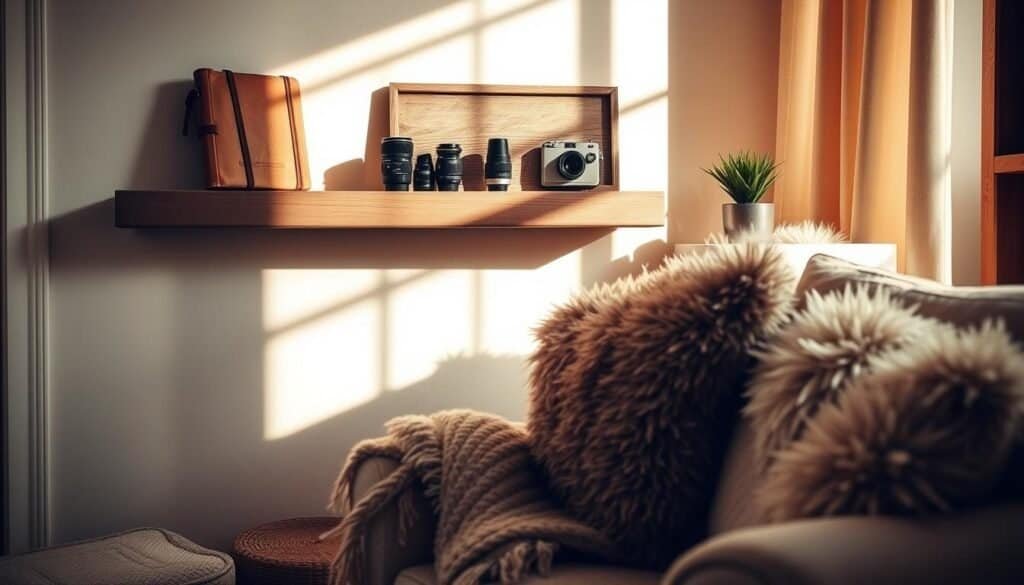 A cozy and inviting living room corner, bathed in warm, natural light. Displayed on a rustic wooden shelf are meaningful personal items - a worn leather-bound journal, a collection of vintage camera lenses, and a small potted succulent. A plush throw blanket and fluffy pillows adorn a comfy armchair, creating a space that feels both lived-in and thoughtfully curated. The scene is captured through a wide-angle lens, highlighting the harmonious interplay of textures, colors, and sentimental objects that tell the story of the homeowner's unique personality and interests.