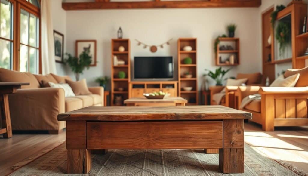 A cozy and inviting living room filled with warm, natural wooden furniture pieces. In the foreground, a sturdy wooden coffee table with a rustic, distressed finish stands as the focal point. Surrounding it, a plush, earthy-toned sofa and two comfortable armchairs create an intimate seating arrangement. The middle ground features a wooden TV stand, its simple yet elegant design complementing the room's overall aesthetic. In the background, a wooden bookshelf or display unit adds depth and character to the space, its shelves adorned with decorative accents and greenery. Soft, natural lighting filters in, casting a gentle glow and enhancing the wood's rich, inviting tones. The overall atmosphere is one of coziness, comfort, and a connection to nature, perfectly suited to transform a cold living room into a welcoming, heart-warming space.
