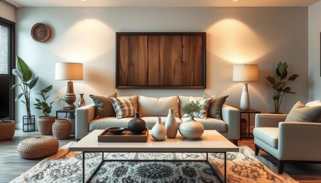 A cozy and inviting living room scene featuring a rustic wood wall art piece as the focal point. The wall art is elegantly framed and hung, complemented by a mix of natural elements like woven baskets, potted plants, and a plush area rug. Soft, warm lighting illuminates the space, creating a welcoming ambiance. In the foreground, a sleek, minimalist coffee table holds decorative trays and vases, while a comfortable sofa and armchair invite relaxation. The overall composition blends the wood wall art seamlessly with the surrounding decor, showcasing a harmonious and visually appealing living space.