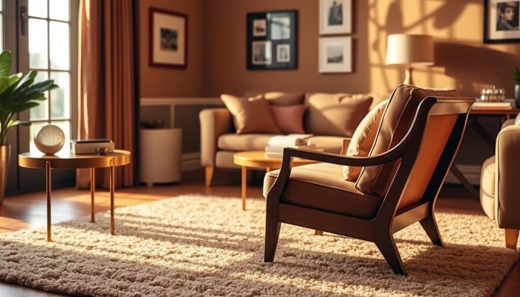 A cozy and inviting living room setting, bathed in warm, golden lighting. In the foreground, an elegant, wooden accent chair with plush, earthy-toned upholstery stands as the room's centerpiece. Its unique silhouette and carefully crafted details create an air of sophistication. Beside it, a sleek, modern side table in a complementary finish adds a touch of contrast. In the middle ground, a lush, textured rug grounds the space, while the background reveals earthy-toned walls, accentuated by tasteful wall decor. The overall atmosphere evokes a sense of comfort and refined style, perfectly capturing the essence of "Accent Furniture: The One Piece That Changes Everything."