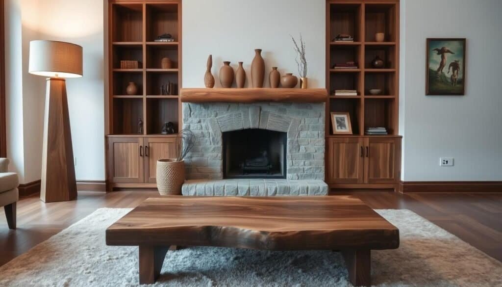 A cozy and inviting living room showcasing a thoughtful arrangement of natural wooden elements. A rustic coffee table with a smooth, worn surface anchors the space, surrounded by a plush area rug with subtle earthy tones. A tall, wooden floor lamp casts a warm glow, illuminating the room. On the mantelpiece, decorative wooden accents like vases and photo frames add depth and texture. Flanking the fireplace, built-in wooden shelves display carefully curated items, creating a harmonious and visually appealing display. The overall mood is one of comfort and sophistication, reflecting the beauty and versatility of natural materials in a living room setting.
