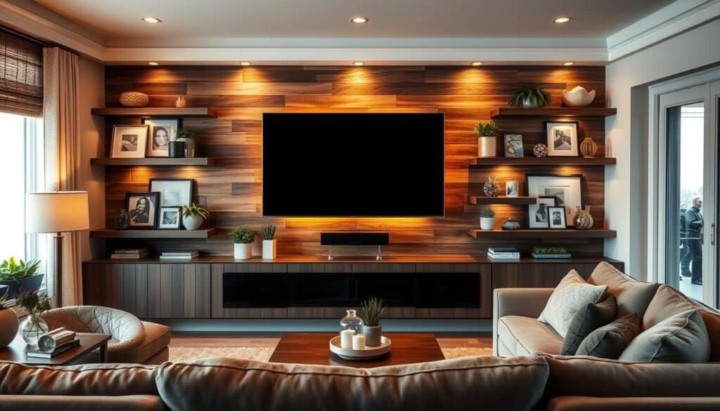 A cozy and inviting living room with a beautifully designed TV wall. The focal point is a large, modern flatscreen TV mounted on a rustic, wooden accent wall. Surrounding the TV are floating shelves displaying various decorative items, such as potted plants, framed artwork, and stylish knick-knacks. Warm, indirect lighting illuminates the space, creating a soft and relaxing atmosphere. The room is furnished with plush, comfortable seating, including a sectional sofa and armchair, all placed strategically to optimize the viewing experience. The overall design seamlessly blends contemporary and traditional elements, resulting in a visually striking and cohesive living room aesthetic. A cozy and inviting living room with a beautifully designed TV wall. The focal point is a large, modern flatscreen TV mounted on a rustic, wooden accent wall. Surrounding the TV are floating shelves displaying various decorative items, such as potted plants, framed artwork, and stylish knick-knacks. Warm, indirect lighting illuminates the space, creating a soft and relaxing atmosphere. The room is furnished with plush, comfortable seating, including a sectional sofa and armchair, all placed strategically to optimize the viewing experience. The overall design seamlessly blends contemporary and traditional elements, resulting in a visually striking and cohesive living room aesthetic.