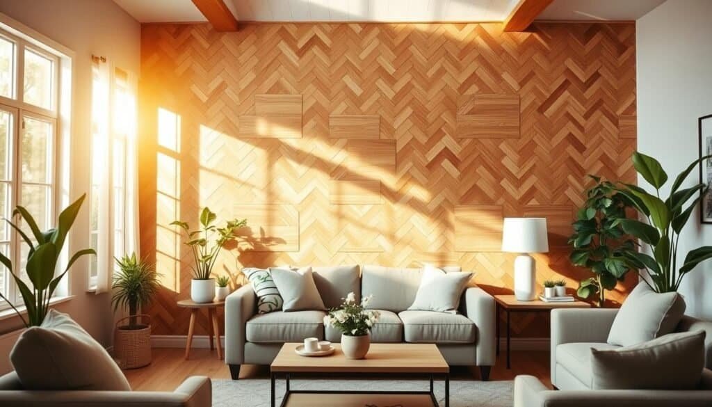 A cozy and inviting living room with a budget-friendly DIY accent wall. The wall is covered in a warm, rustic wood paneling, each plank meticulously arranged in a herringbone pattern. Natural sunlight streams in through large windows, casting a soft, golden glow across the space. Potted plants and minimal decor elements add a touch of greenery and personal style, while the overall look exudes a sense of casual elegance. The room is furnished with comfortable, neutral-toned furnishings, creating a harmonious and relaxing ambiance. The camera angle captures the wall in the center of the frame, showcasing the stunning transformation within a cozy, lived-in setting.