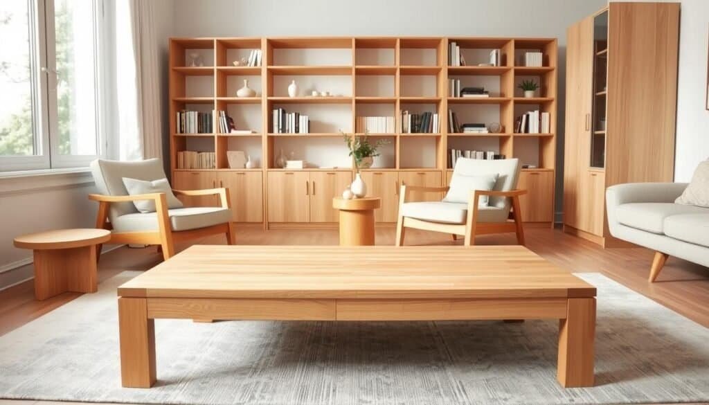 A cozy and inviting living room with a collection of light wood furniture pieces that create a warm, natural ambiance. In the foreground, a sleek and minimalist coffee table made of light-toned oak, its smooth surface reflecting the soft, diffused lighting from a large window. Behind it, a pair of mid-century inspired armchairs with clean lines and neutral upholstery, complemented by a slender, cylindrical side table of light maple. In the background, a tall bookshelf of light birchwood frames the scene, its shelves displaying a curated selection of books and decorative accents. The overall atmosphere is one of tranquility and simplicity, inviting the viewer to relax and embrace the gentle, earthy tones of the light wood furnishings.
