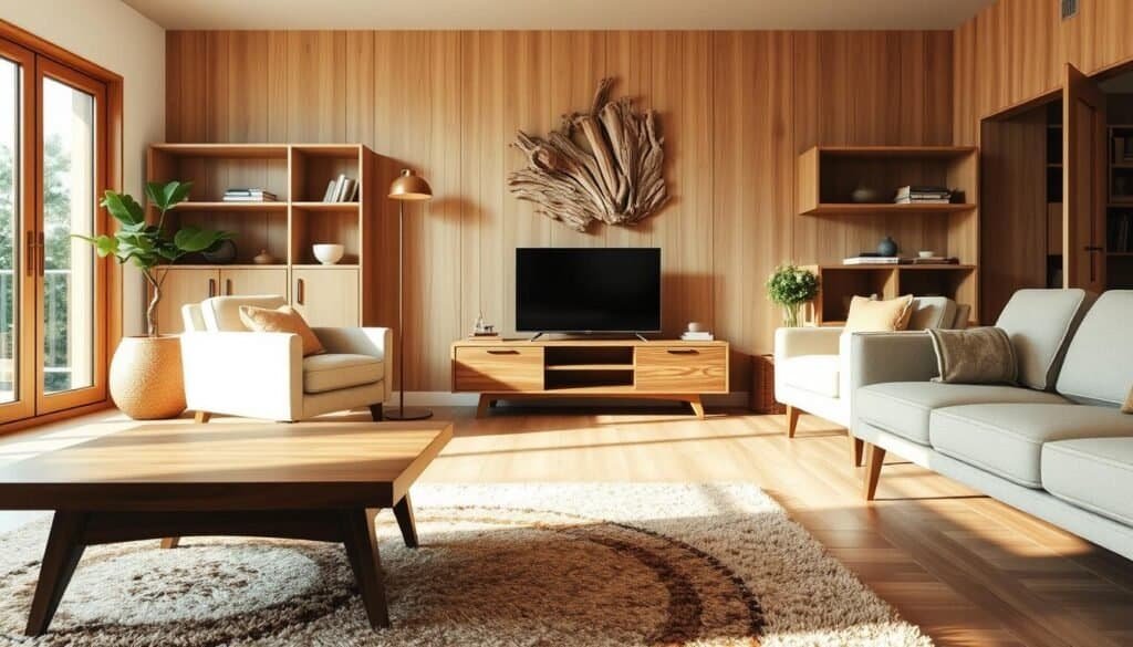 A cozy and inviting living room with a harmonious blend of warm wood tones. The foreground features a mid-century modern coffee table with a rich walnut finish, complemented by a plush area rug in earthy hues. In the middle ground, a pair of beige linen armchairs sit adjacent to a maple wood media console, its clean lines and natural grain adding depth and character. The background showcases a feature wall adorned with a mix of light oak shelving and a statement piece of driftwood art, casting a soft, natural glow across the space. Gentle, natural lighting filters in through large windows, accentuating the organic textures and creating a calming, serene atmosphere.