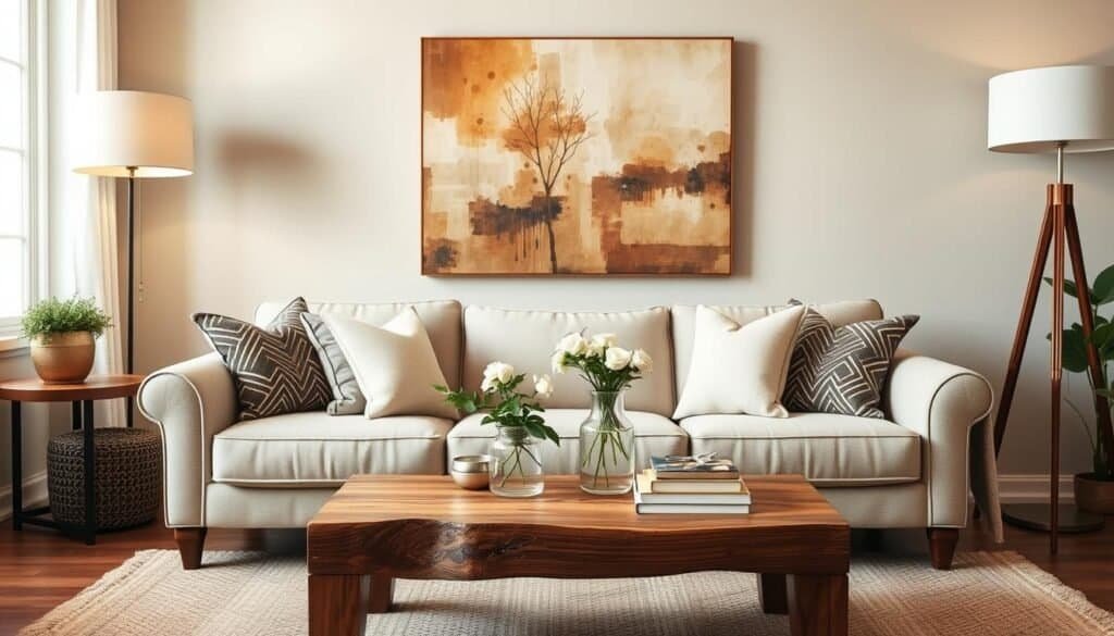 A cozy and inviting living room with a mix of warm, natural textures and budget-friendly decor. The focal point is a plush, neutral-toned sofa accented by a pair of decorative throw pillows in complementary patterns. In the middle ground, a rustic wood coffee table is topped with a simple vase of fresh flowers and a stack of books. The background features a wall adorned with an eye-catching, abstract art piece in earthy tones that brings the room together. Soft, diffused lighting from a floor lamp casts a welcoming glow, creating a relaxed and comfortable atmosphere. The overall aesthetic is cozy, refined, and achievable on a budget.
