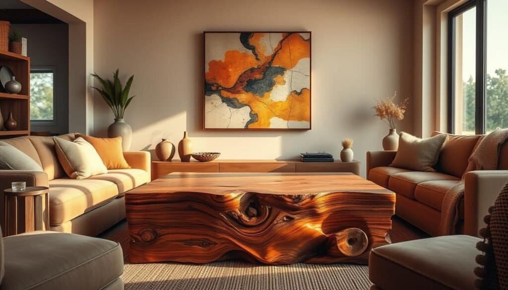 A cozy and inviting living room with a stunning focal point, illuminated by warm, natural lighting streaming through large windows. A stunningly crafted wooden coffee table takes center stage, its intricate grain and polished surface reflecting the soft glow. Plush, earthy-toned seating surrounds the table, creating an intimate conversation area. On the walls, a breathtaking piece of abstract art, its colors and textures drawing the eye and sparking the imagination. Subtle, decorative accents like vases, plants, and textured throws add depth and texture, while the overall atmosphere exudes a sense of relaxation and tranquility.