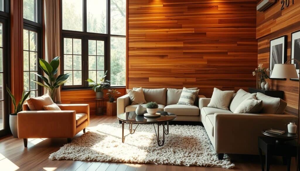 A cozy and inviting living room with a stunning wood accent wall. Warm, natural lighting filters through large windows, casting a soft glow over the space. The accent wall is crafted from rich, honey-toned wood planks, adding depth and texture to the room. Plush, earth-toned furniture, a sleek coffee table, and a fluffy rug create a harmonious and relaxing atmosphere. Subtle decorative elements like potted plants and framed artwork complement the rustic yet refined aesthetic. The scene captures the essence of a simple yet impactful wood accent wall that instantly warms and elevates the living space.