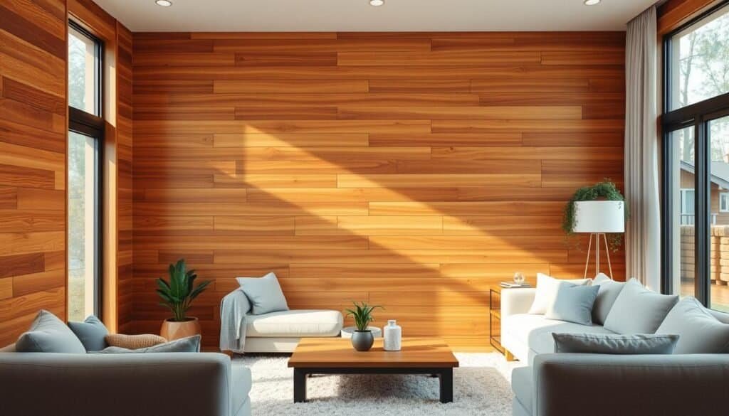A cozy and inviting living room with a stunning wooden accent wall that dominates the space. The wall is crafted from rich, warm-toned hardwood planks, expertly arranged in a clean, horizontal pattern that creates a sense of depth and texture. Soft, natural lighting from large windows casts a gentle glow, highlighting the wood's intricate grain and adding a peaceful, calming ambiance. Plush, neutral-colored furnishings complement the wooden accents, while a few carefully placed decorative elements, such as potted plants or a simple artwork, complete the refined, harmonious aesthetic. The overall atmosphere evokes a cozy, inviting retreat, where the natural beauty of wood brings a sense of warmth and comfort to the living space.
