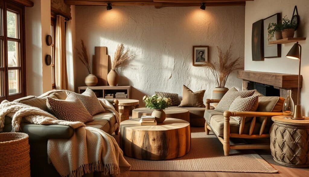 A cozy and inviting living room with a warm, textured ambiance. Soft, natural fabrics like woven throws and plush velvet cushions add tactile interest, while rustic wooden accents and muted earth-toned hues create an organic, soothing atmosphere. Indirect lighting casts a gentle glow, highlighting the depth and richness of the textures. The overall mood is one of relaxation and comfort, inspiring a sense of serenity and lifting the spirit.