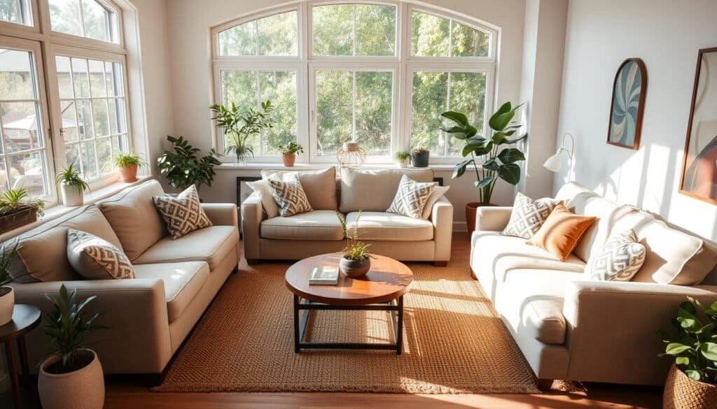 A cozy and inviting living room with an arrangement of conversation-friendly furniture. A large, plush sectional sofa with soft throw pillows is positioned to face a pair of comfortable armchairs, creating an intimate seating area. The furniture is placed on a natural fiber area rug, adding texture and warmth to the space. Large windows allow ample natural light to stream in, illuminating the room with a soft, diffused glow. Potted plants and a few carefully selected decorative pieces add touches of greenery and personality. The overall atmosphere is one of relaxation and easy conversation, perfect for unwinding after a long day. A cozy and inviting living room with an arrangement of conversation-friendly furniture. A large, plush sectional sofa with soft throw pillows is positioned to face a pair of comfortable armchairs, creating an intimate seating area. The furniture is placed on a natural fiber area rug, adding texture and warmth to the space. Large windows allow ample natural light to stream in, illuminating the room with a soft, diffused glow. Potted plants and a few carefully selected decorative pieces add touches of greenery and personality. The overall atmosphere is one of relaxation and easy conversation, perfect for unwinding after a long day.
