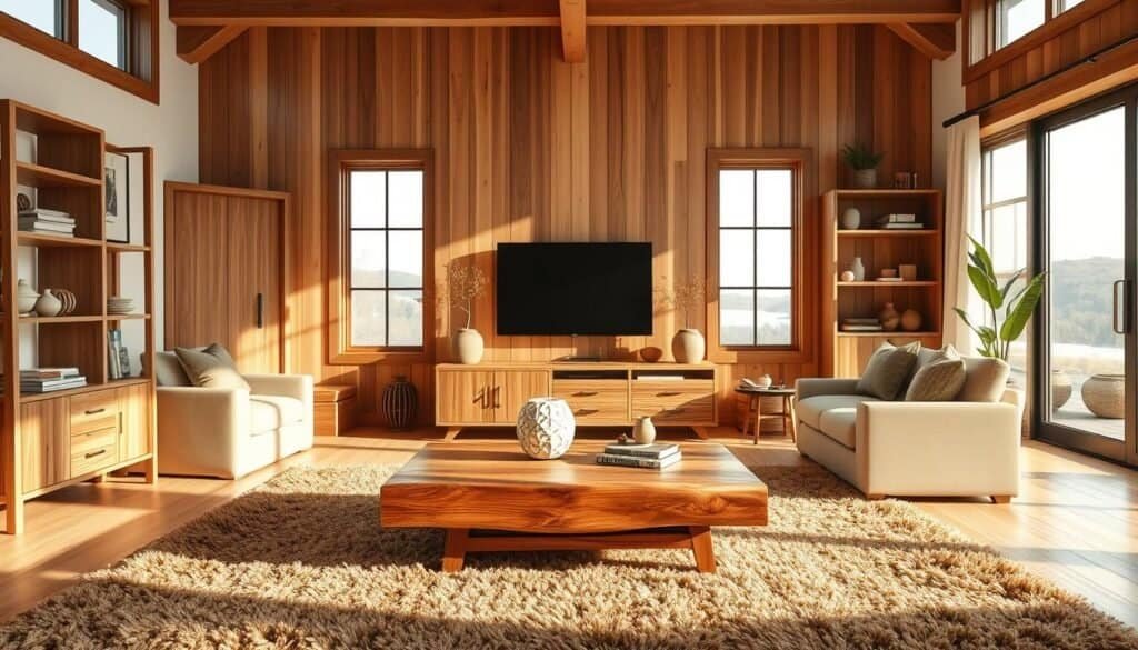 A cozy and inviting living room with natural wood accents in varying tones, creating a harmonious balance. Sunlight filters through large windows, casting a warm glow on the meticulously curated mix of wood furniture, shelving, and décor. The foreground features a handcrafted wooden coffee table, complemented by a plush, earthy-toned rug. In the middle ground, a wooden media console showcases an elegant array of decorative pieces, while bookshelves on the side walls display a mix of wood-framed artwork and potted plants. The background reveals a serene outdoor landscape visible through the windows, further enhancing the tranquil atmosphere. Realistic, high-quality, studio lighting, and a shallow depth of field to highlight the textural details of the wood.