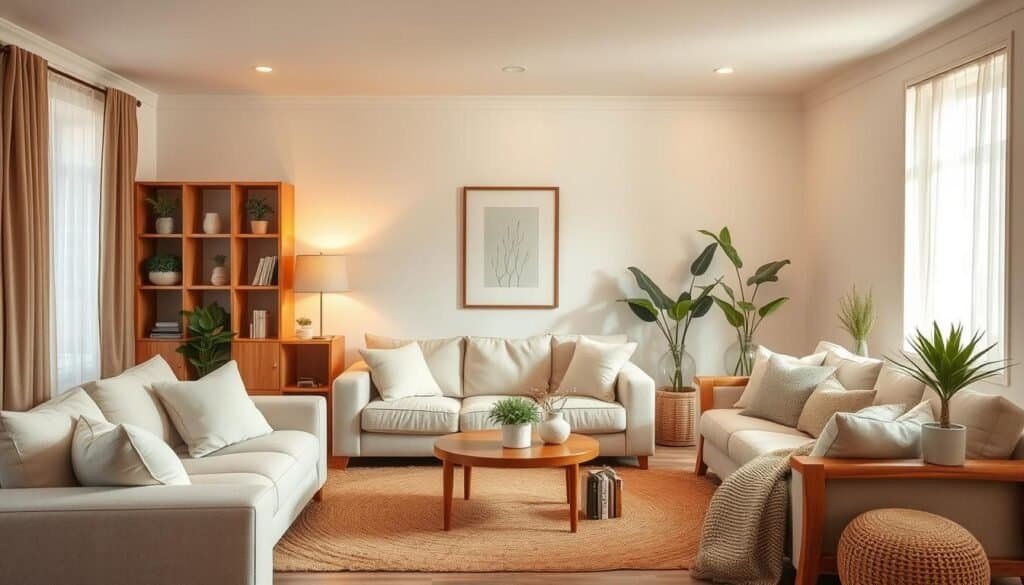 A cozy and inviting living room with warm, earthy tones. Soft, plush seating in neutral hues complements the rich, wooden furniture and shelving. Subtle, ambient lighting casts a gentle glow, creating a calming and relaxing atmosphere. Carefully curated décor elements, such as potted plants, natural-fiber rugs, and textured throw pillows, add visual interest and a sense of balance. The space exudes a harmonious and tranquil energy, fostering a mood-boosting environment for relaxation and mindfulness.
